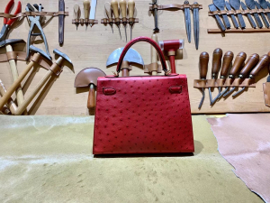 HM KL 25cm - Ostrich Leather - 53 rouge vif 正红色/金扣