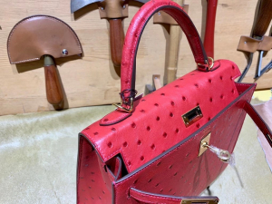 HM KL 25cm - Ostrich Leather - 53 rouge vif 正红色/金扣