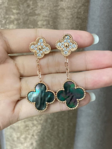 VCA / Magic Alhambra Earrings in 18k Gold set with 2 motifs of Mother-of-pearl and Diamonds-HaiLaBags VCA / Magic Alhambra Earrings in 18k Gold set with 2 motifs of Mother-of-pearl and Diamonds