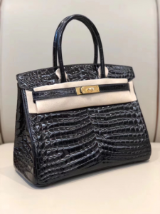 Stock HM Noble CK89 Noir Shiny Crocodile BK30cm Bag Gold Hardware