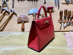 HM KL 25cm - Ostrich Leather - 53 rouge vif 正红色/金扣