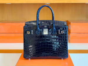 BK 30cm 2Z午夜蓝 BLUE NUIT 亮面鳄鱼皮 两点 银扣 Y刻