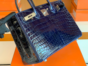 BK 30cm 2Z午夜蓝 BLUE NUIT 亮面鳄鱼皮 两点 银扣 Y刻