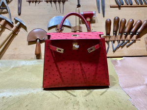 HM KL 25cm - Ostrich Leather - 53 rouge vif 正红色/金扣