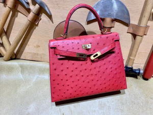 HM KL 25cm - Ostrich Leather - 53 rouge vif 正红色/金扣