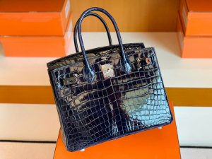 BK 30cm 2Z午夜蓝 BLUE NUIT 亮面鳄鱼皮 两点 银扣 Y刻