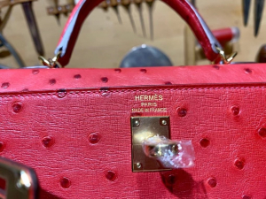 HM KL 25cm - Ostrich Leather - 53 rouge vif 正红色/金扣