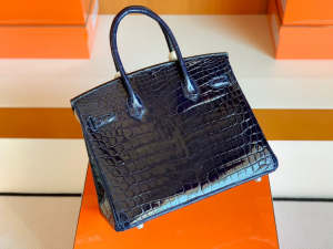BK 30cm 2Z午夜蓝 BLUE NUIT 亮面鳄鱼皮 两点 银扣 Y刻