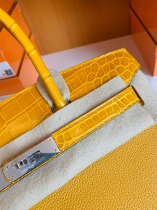 HM bk 30cm Touch 翻盖亮面鳄鱼 9D琥珀黄 Amber拼Togo牛皮 银扣 两点 带气孔，