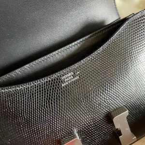 Qatar Doha HM Constance Mini Lizard 89 Black 黑色蜥蜴皮 全手工缝制 银扣