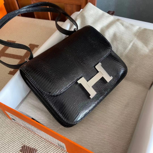Qatar Doha HM Constance Mini Lizard 89 Black 黑色蜥蜴皮 全手工缝制 银扣