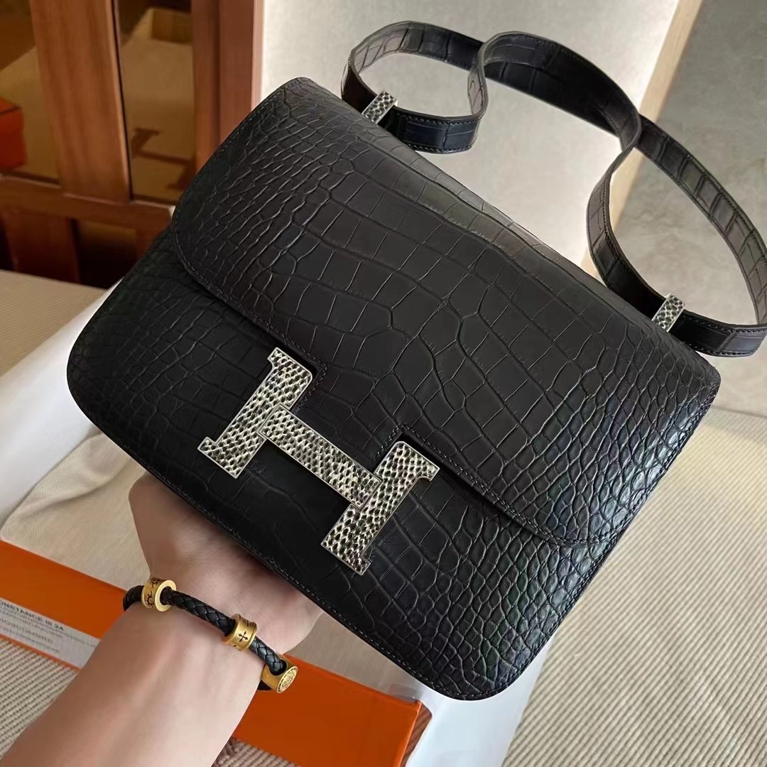 Dubai HM Constance 24cm 89 Noir Matte Alligator Crocodile 配蜥蜴扣