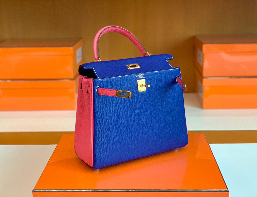 Kuwait shop KL 25cm rose azalee 8W唇膏粉拼 7T blue electric 电光蓝 Epsom皮 金扣 内缝 拼色