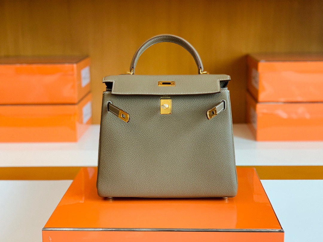 爱马仕凯莉包25价格 Britain HM KL 25cm Togo 18 Etoupe 大象灰 金扣