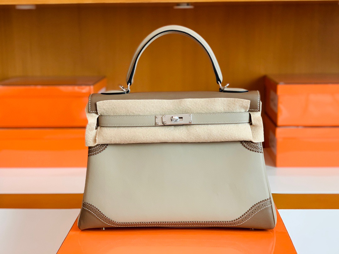爱马仕凯莉包蕾丝款HM KL bag 32 Swift calfskin CK18大象灰拼接钻石灰