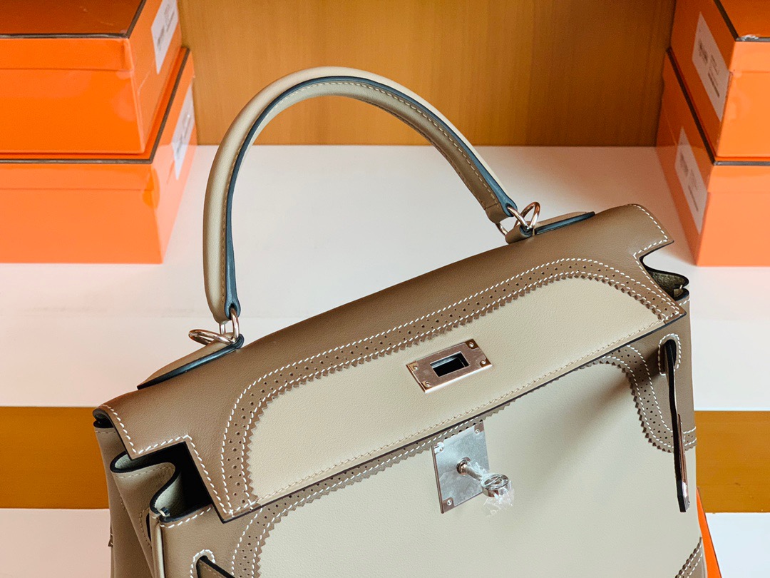 爱马仕凯莉包蕾丝款HM KL bag 32 Swift calfskin CK18大象灰拼接钻石灰