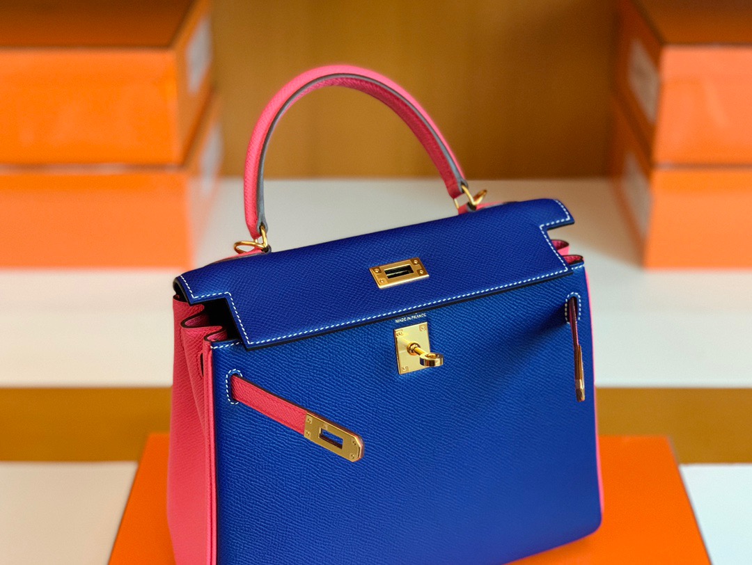 Kuwait shop KL 25cm rose azalee 8W唇膏粉拼 7T blue electric 电光蓝 Epsom皮 金扣 内缝 拼色