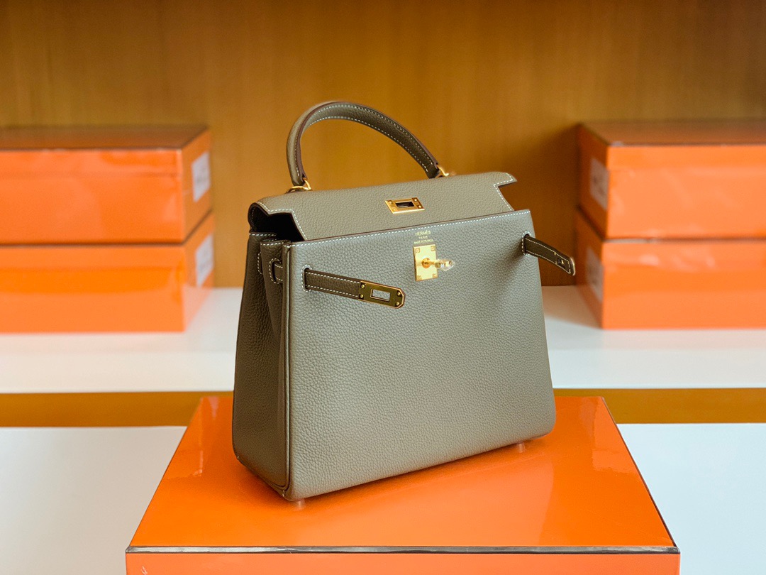 爱马仕凯莉包25价格 Britain HM KL 25cm Togo 18 Etoupe 大象灰 金扣