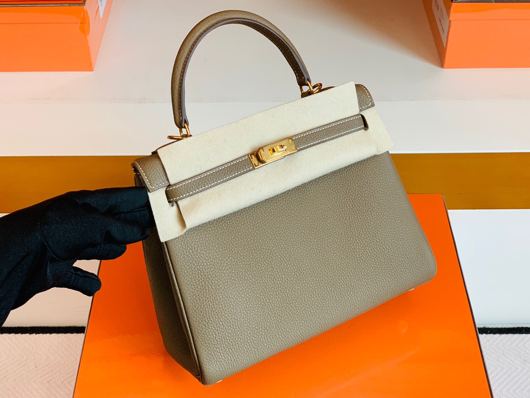 爱马仕凯莉包25价格 Britain HM KL 25cm Togo 18 Etoupe 大象灰 金扣