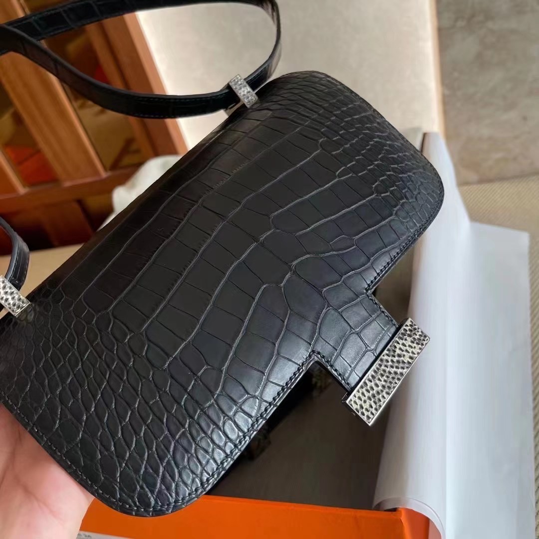 Dubai HM Constance 24cm 89 Noir Matte Alligator Crocodile 配蜥蜴扣