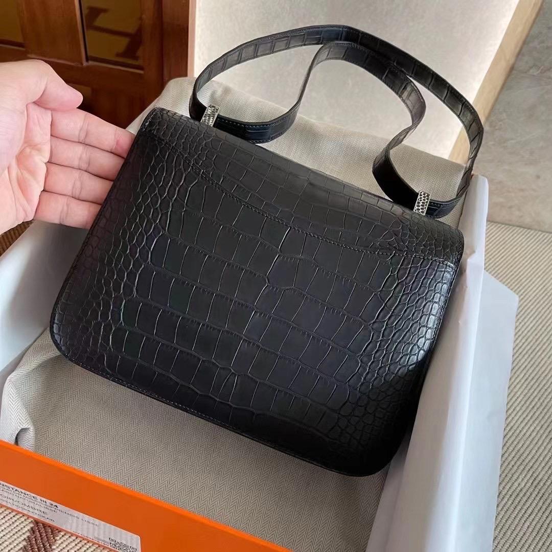 Dubai HM Constance 24cm 89 Noir Matte Alligator Crocodile 配蜥蜴扣
