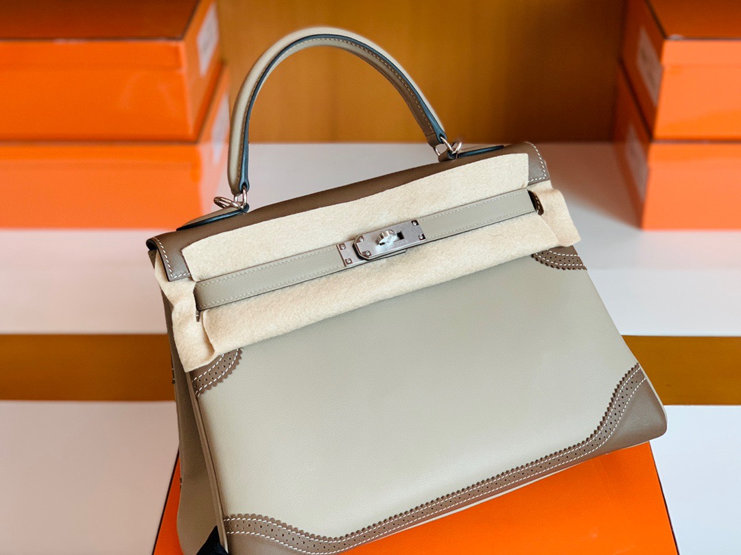 爱马仕凯莉包蕾丝款HM KL bag 32 Swift calfskin CK18大象灰拼接钻石灰