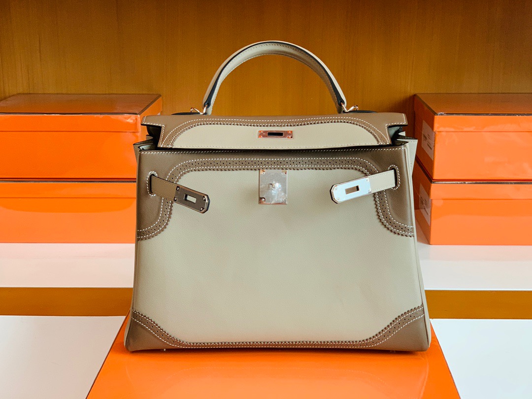 爱马仕凯莉包蕾丝款HM KL bag 32 Swift calfskin CK18大象灰拼接钻石灰