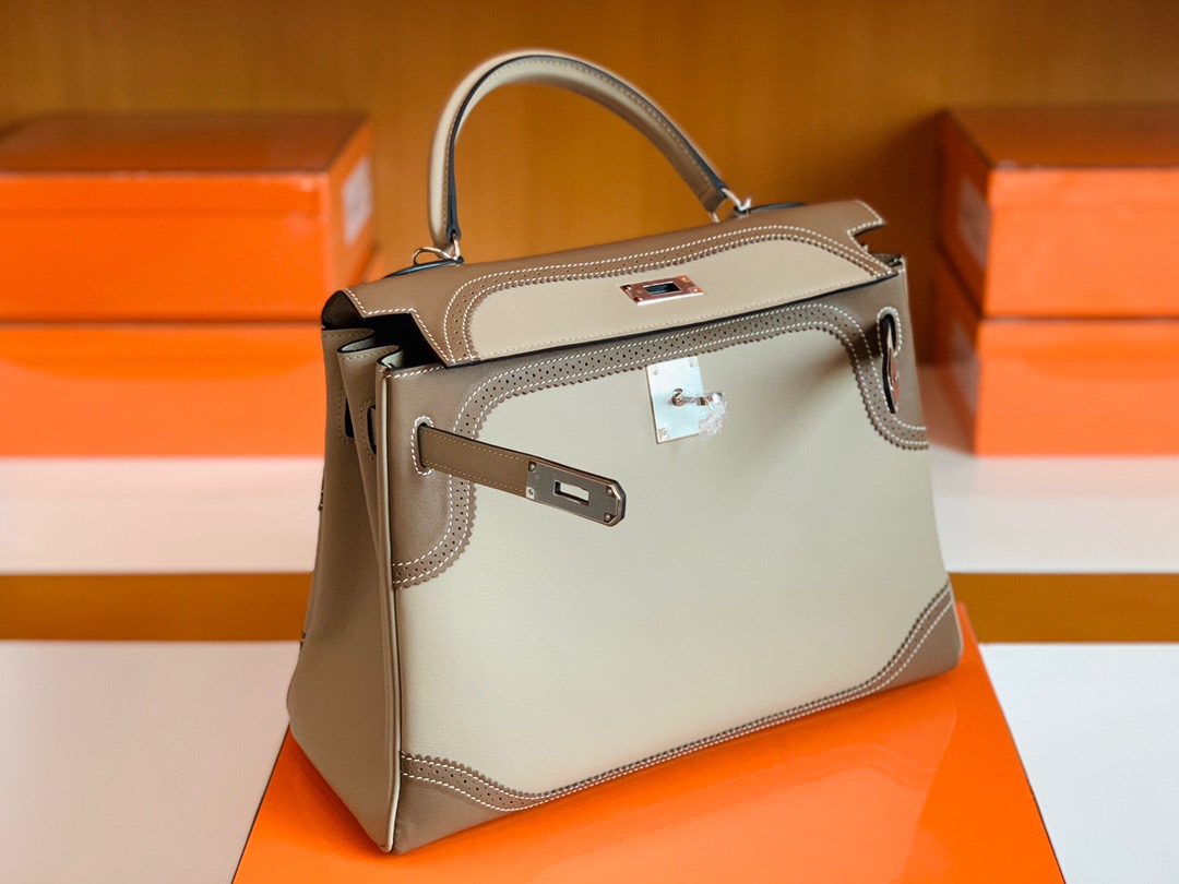 爱马仕凯莉包蕾丝款HM KL bag 32 Swift calfskin CK18大象灰拼接钻石灰