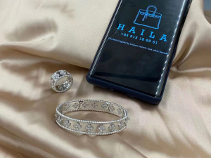 Custom Van Cleef & Arpels Perlée Clovers Bracelet and Rings in White Gold with Diamonds