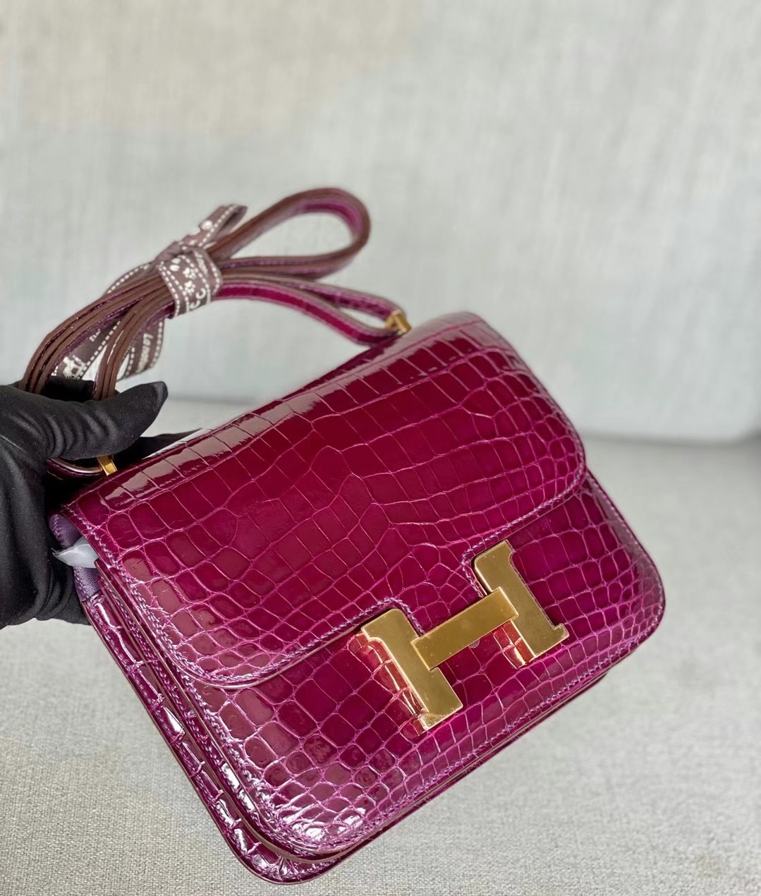 Hong Kong Factory HM Constance 18cm Shiny alligator crocodile L3 Rose Purple 玫瑰紫 金扣