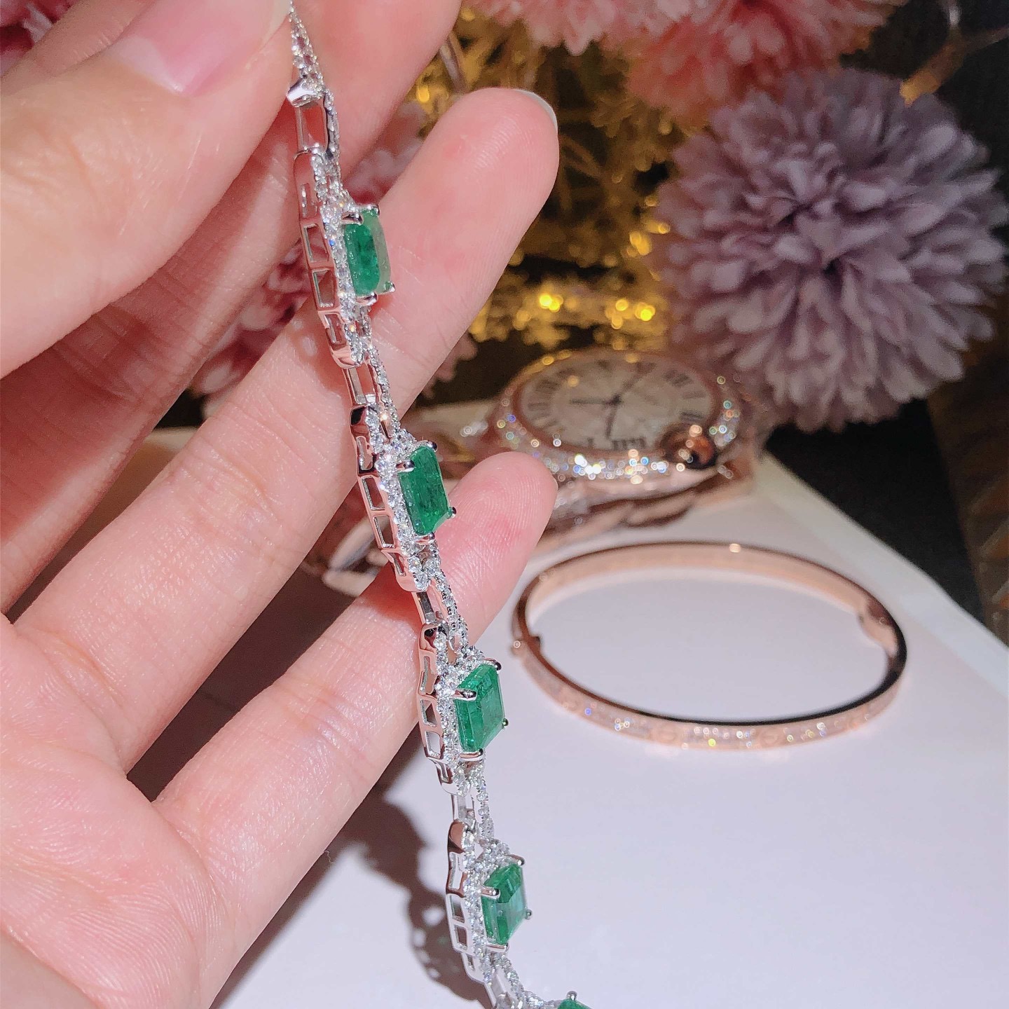 Emerald Bracelet 18k White Gold Set with Natural Diamonds ➕ Emerald Gems
