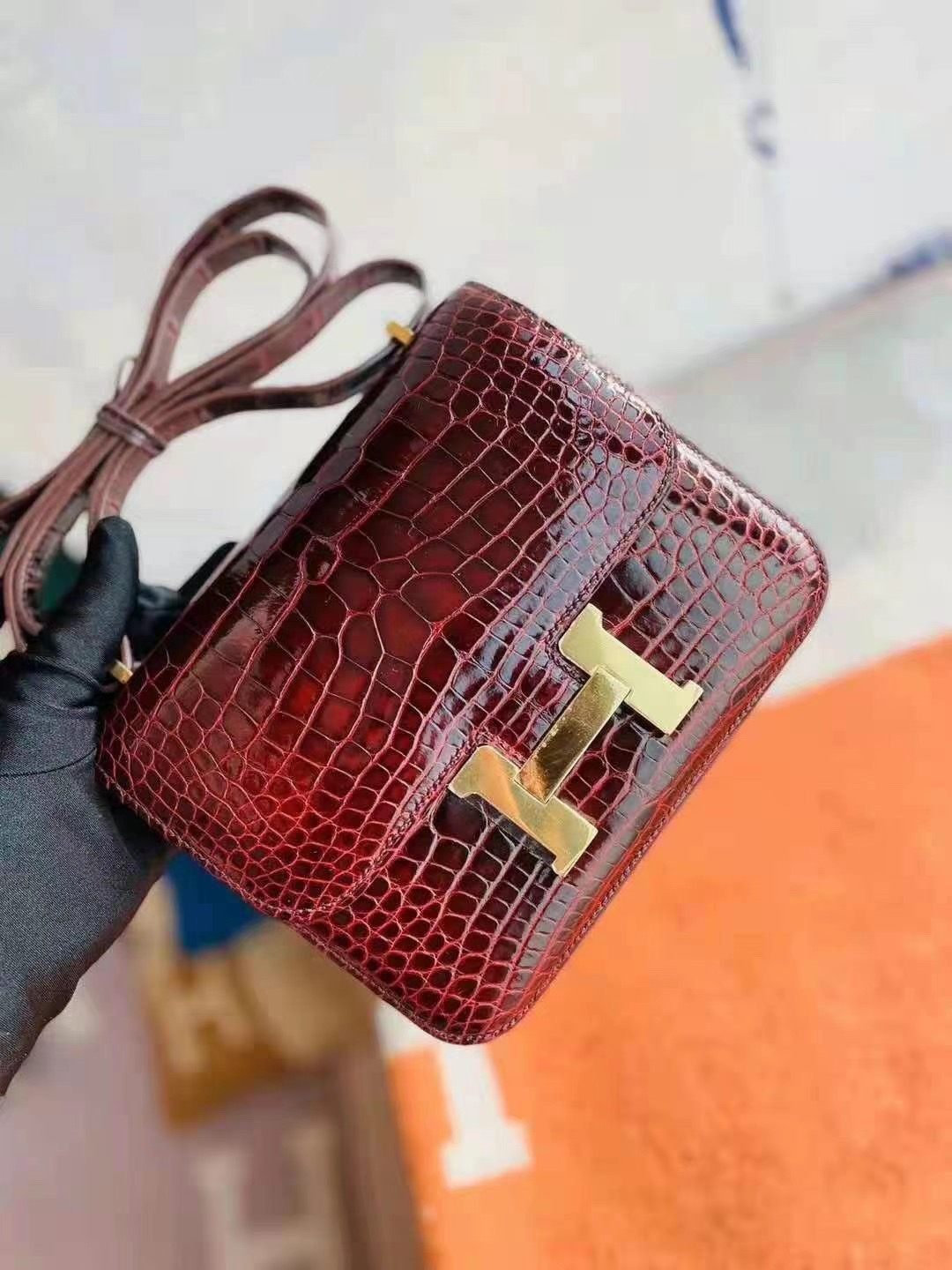 Britain HM Constance Mini 19cm 57 波尔多酒红 Bordeaux Crocodile