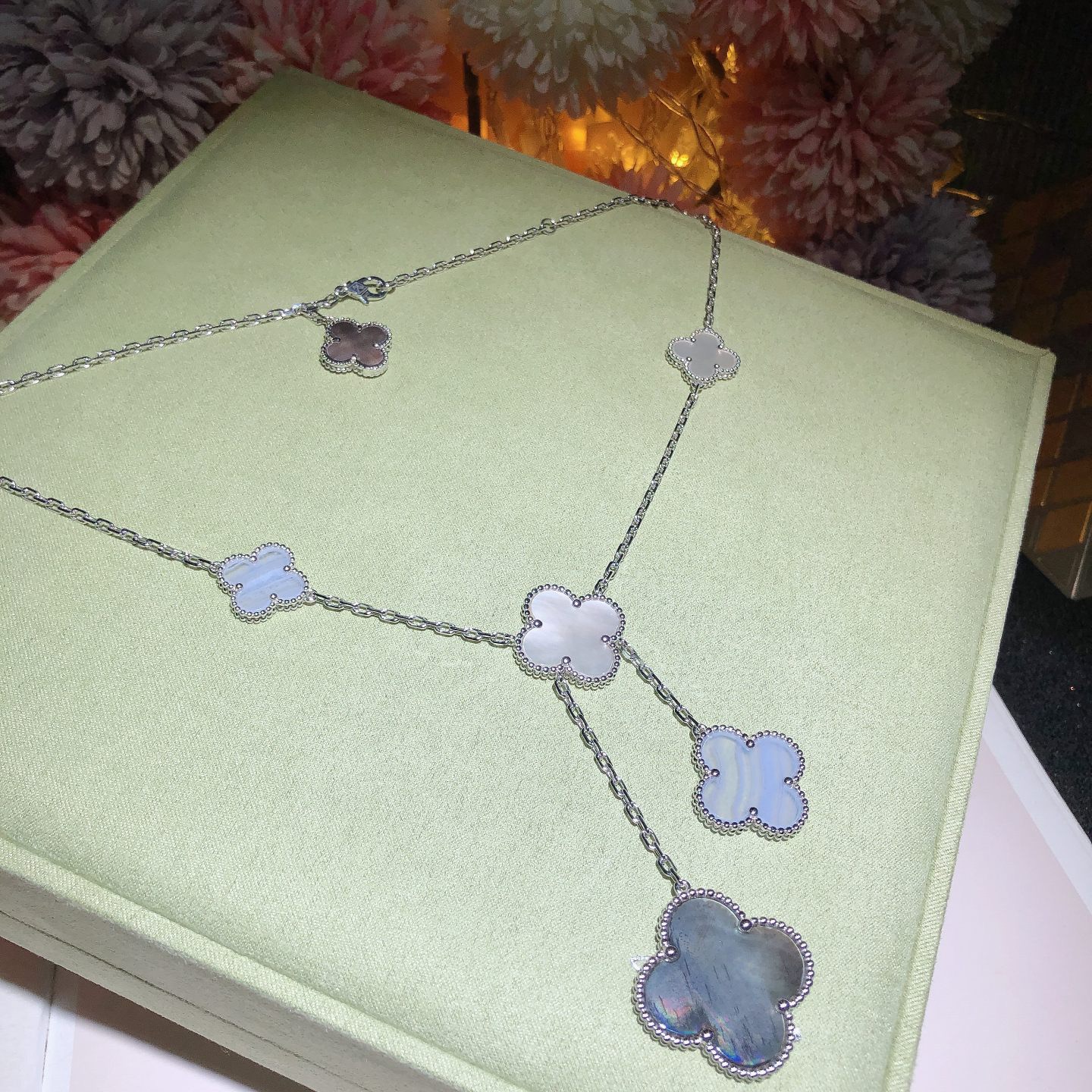 Magic Alhambra necklace, 6 motifs White gold, Mother-of-pearl, Onyx