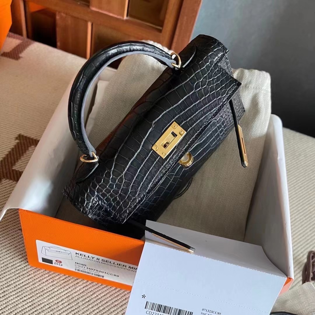 Canada HM Bags KL 2 Sellier Mini Crocodile Leather Matte C89 Noir