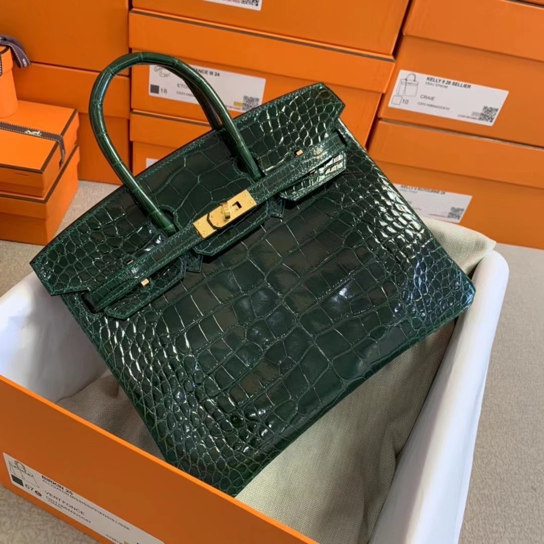 HM 亮面方块美洲鳄鱼皮革Shiny Alligator Crocodile CK67祖母绿 Vert Fonce