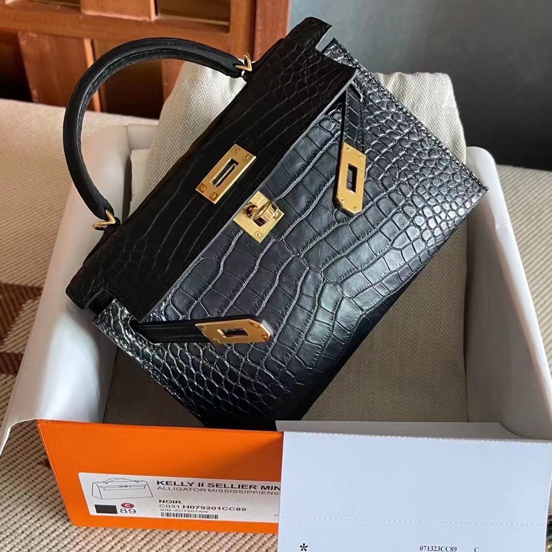 Canada HM Bags KL 2 Sellier Mini Crocodile Leather Matte C89 Noir