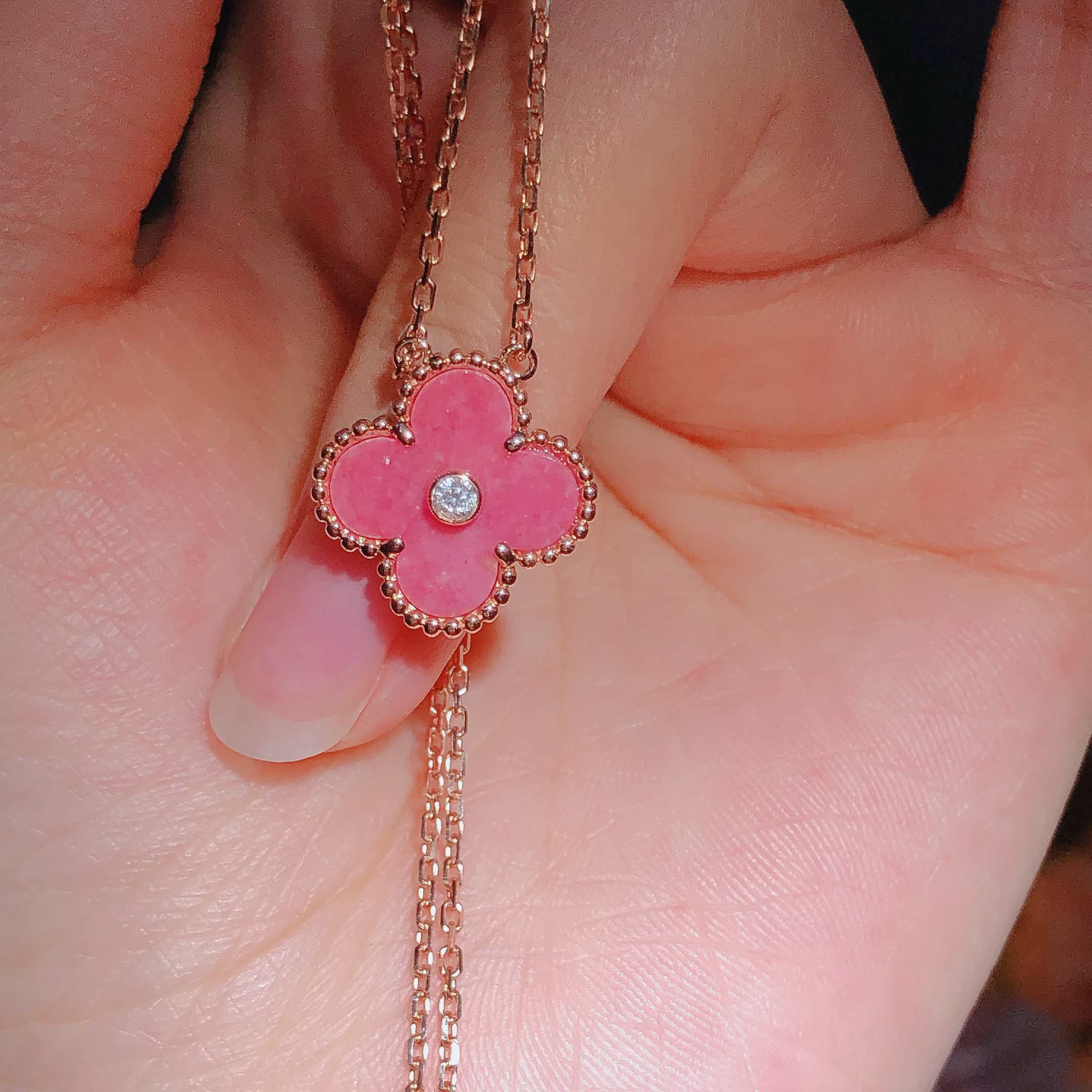 Vintage Alhambra pendant Rose gold, Diamond, Rhodonite