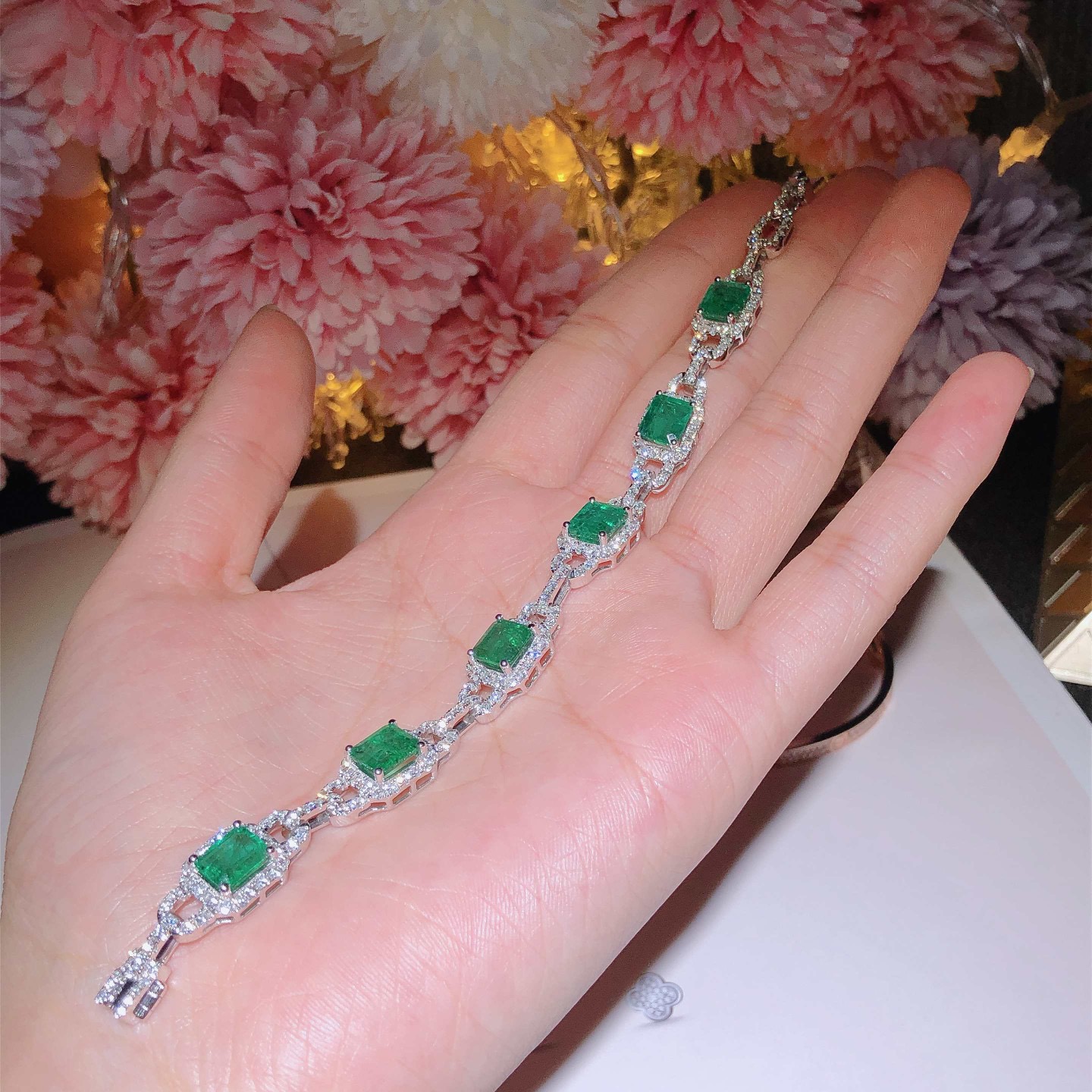 Emerald Bracelet 18k White Gold Set with Natural Diamonds ➕ Emerald Gems