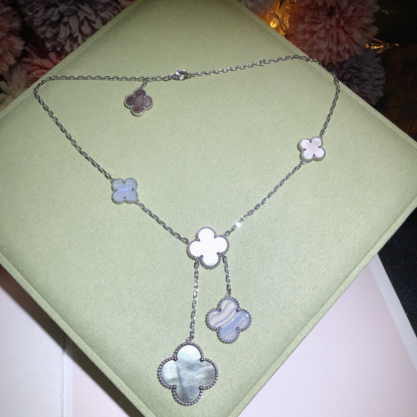 Magic Alhambra necklace, 6 motifs White gold, Mother-of-pearl, Onyx