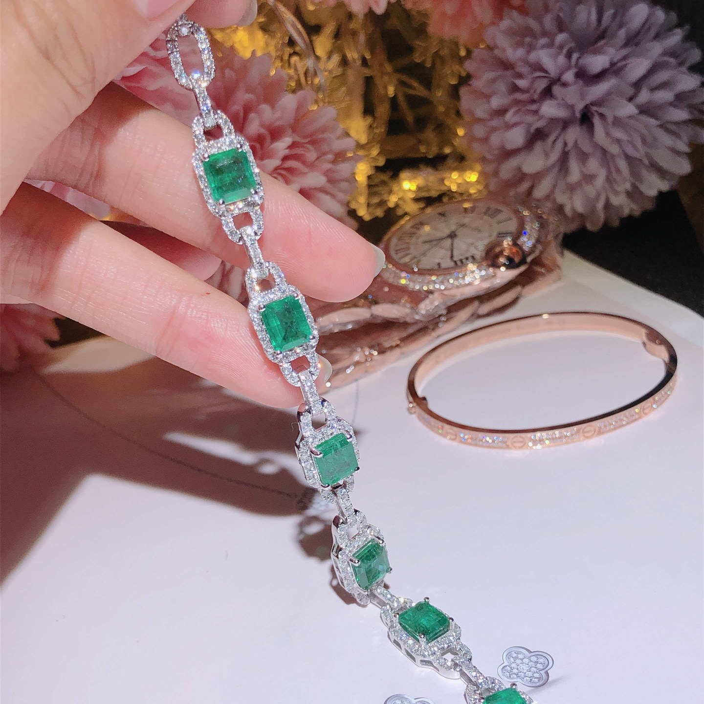 Emerald Bracelet 18k White Gold Set with Natural Diamonds ➕ Emerald Gems