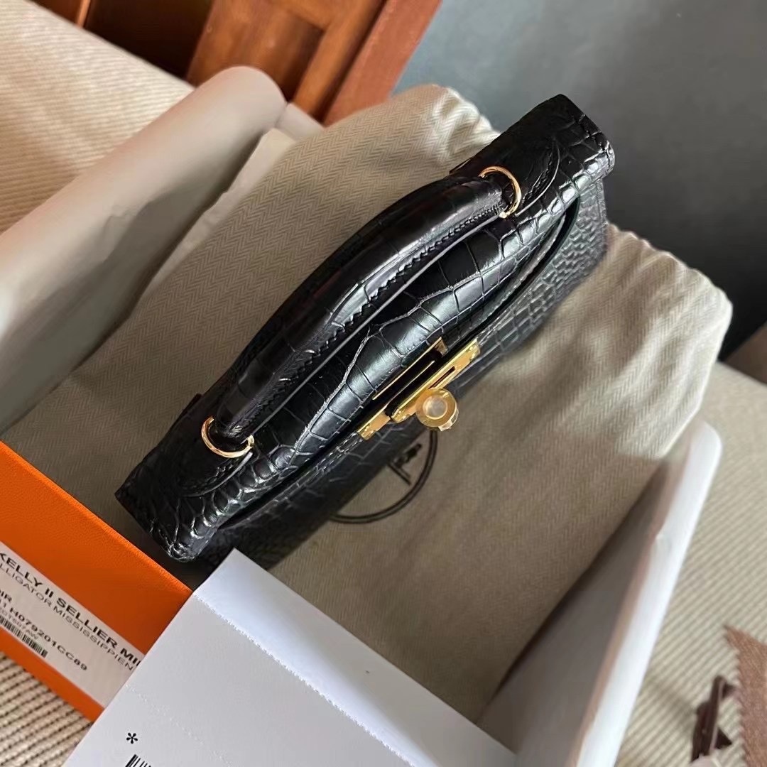 Canada HM Bags KL 2 Sellier Mini Crocodile Leather Matte C89 Noir
