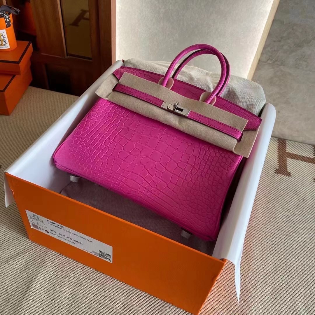 爱马仕铂金包价格 Abu Dhabi UAE HM BK 25cm 5R Rose Shocking 荧光粉色 Matte alligator crocodile 雾面方块 美洲鳄鱼