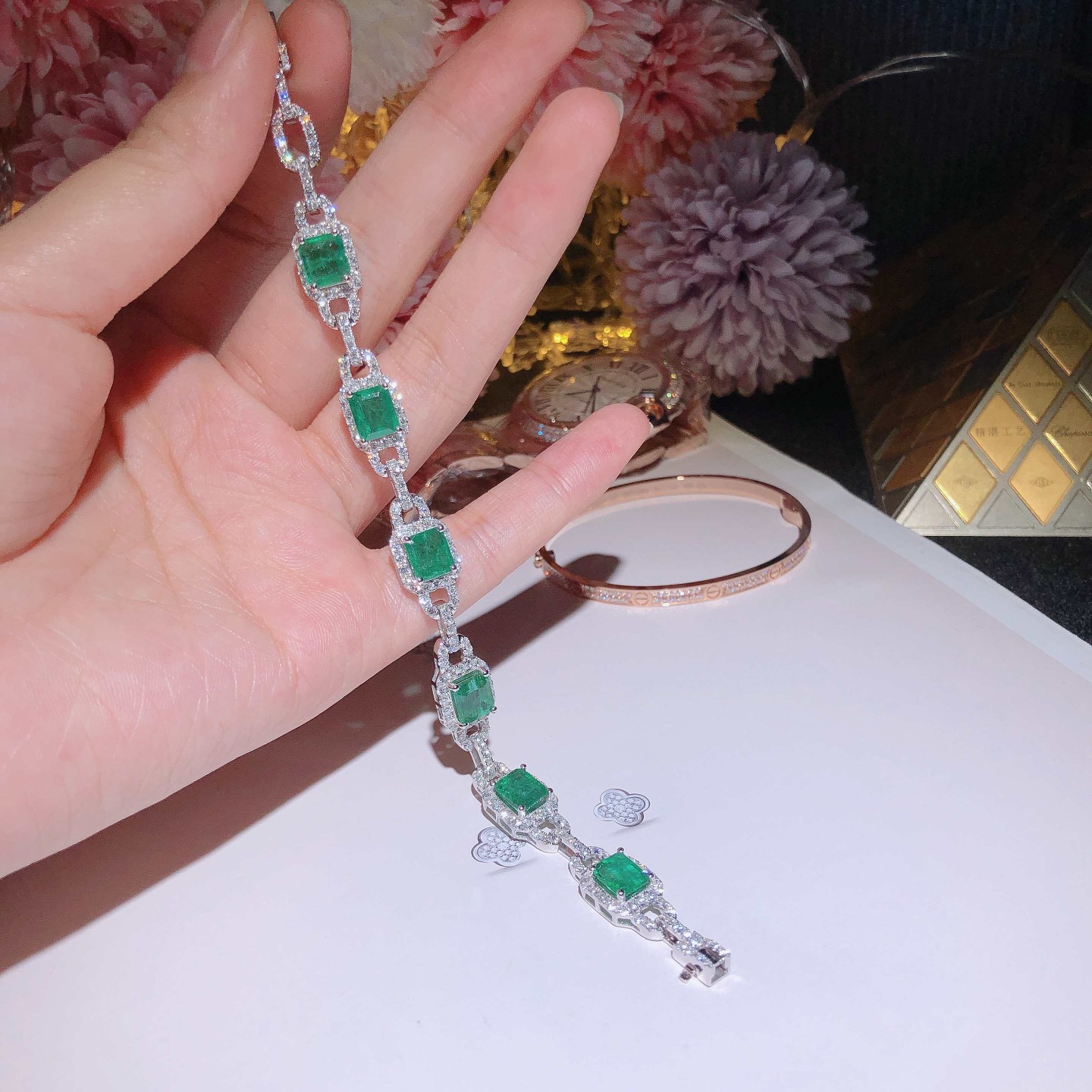 Emerald Bracelet 18k White Gold Set with Natural Diamonds ➕ Emerald Gems
