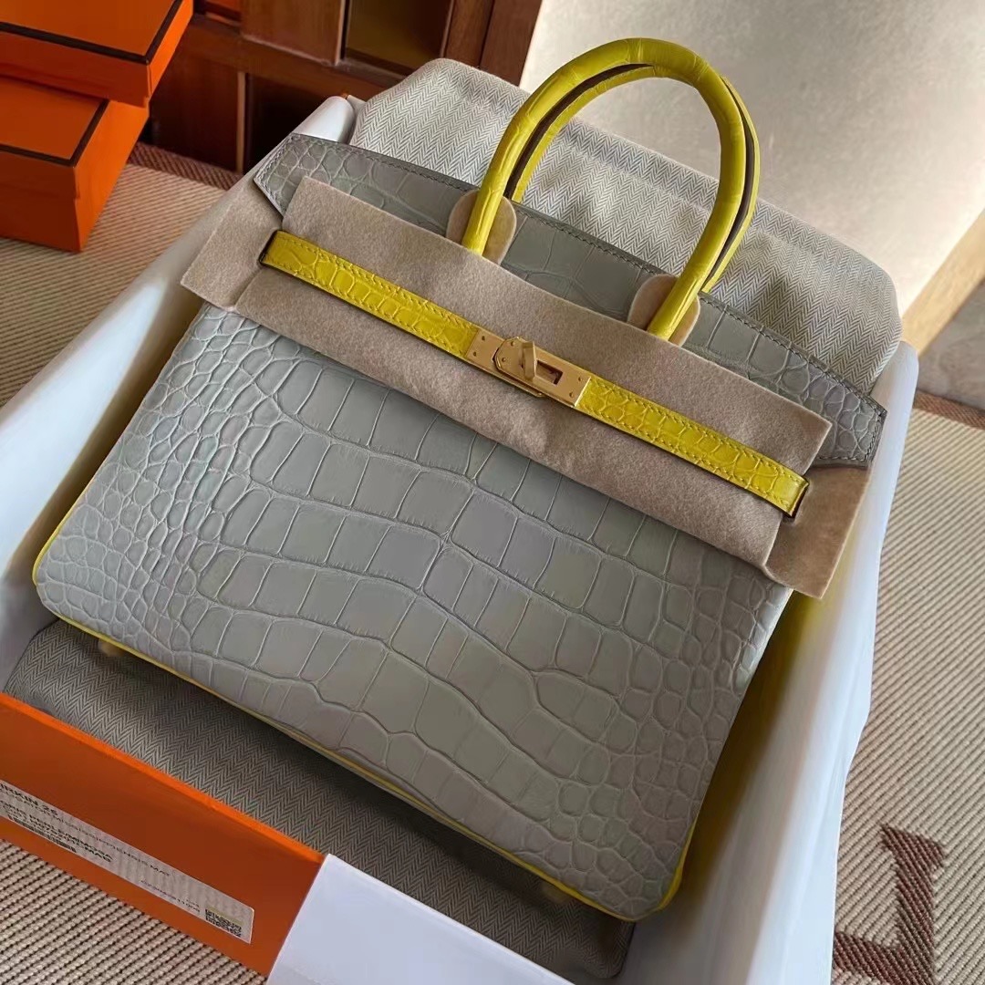 United Arab Emirates HM BK 25cm Matte Alligator Crocodile CC80 Griss Pearl / M9 Mimosa 金盏花黄