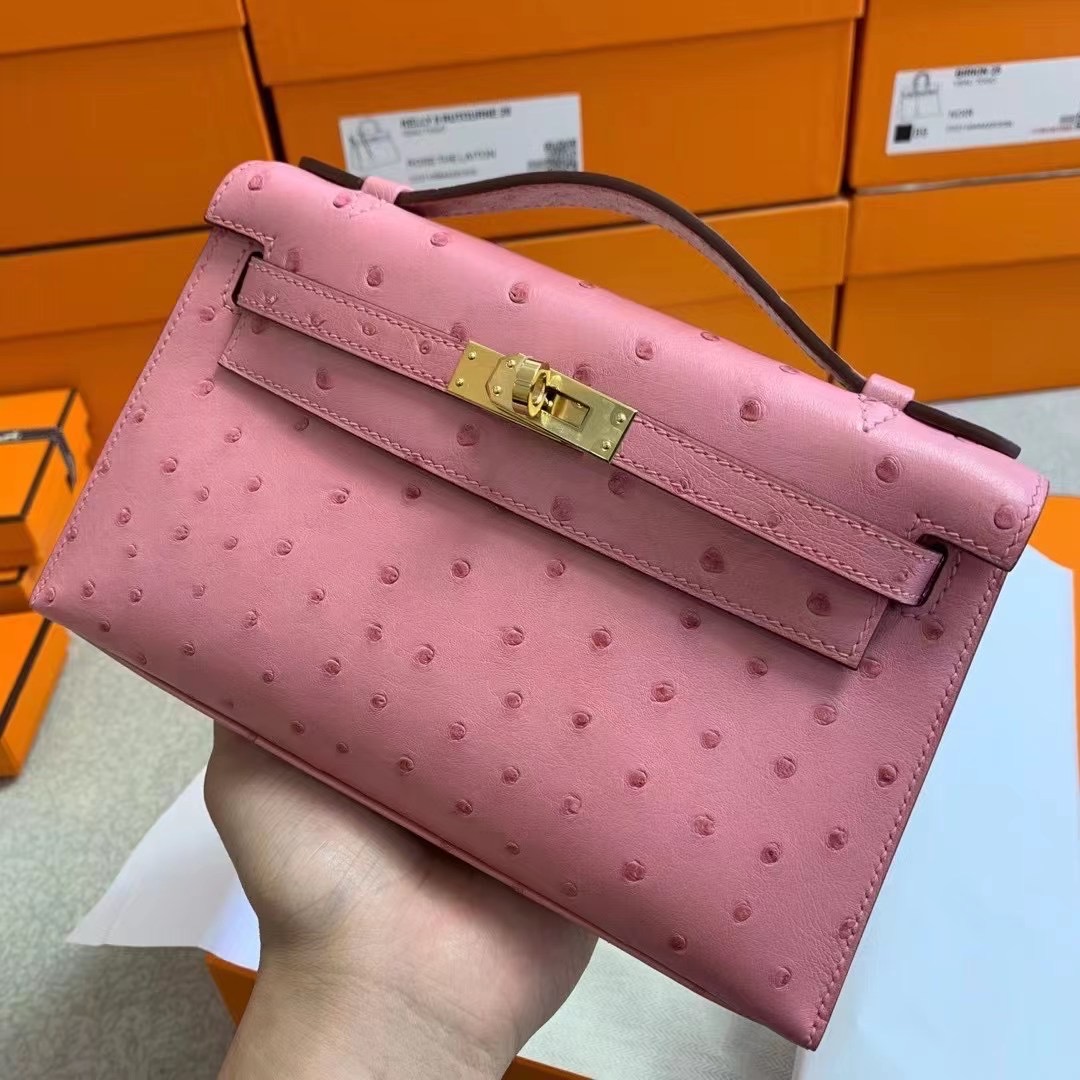 KL pochette 鸵鸟皮  陶瓷粉 金