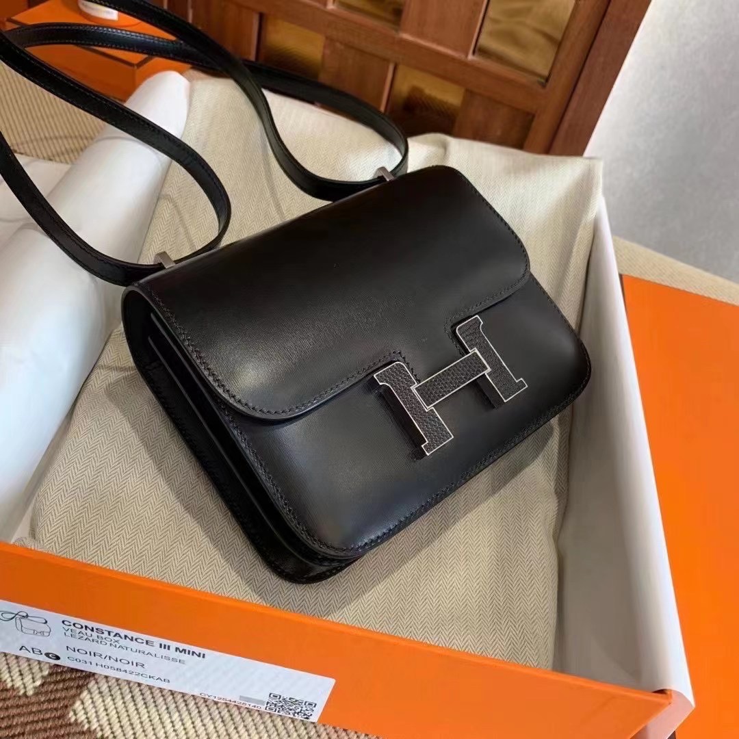 爱马仕康斯坦包 空姐包 HM Constance 18 Box calfskin CK89黑色 蜥蜴扣