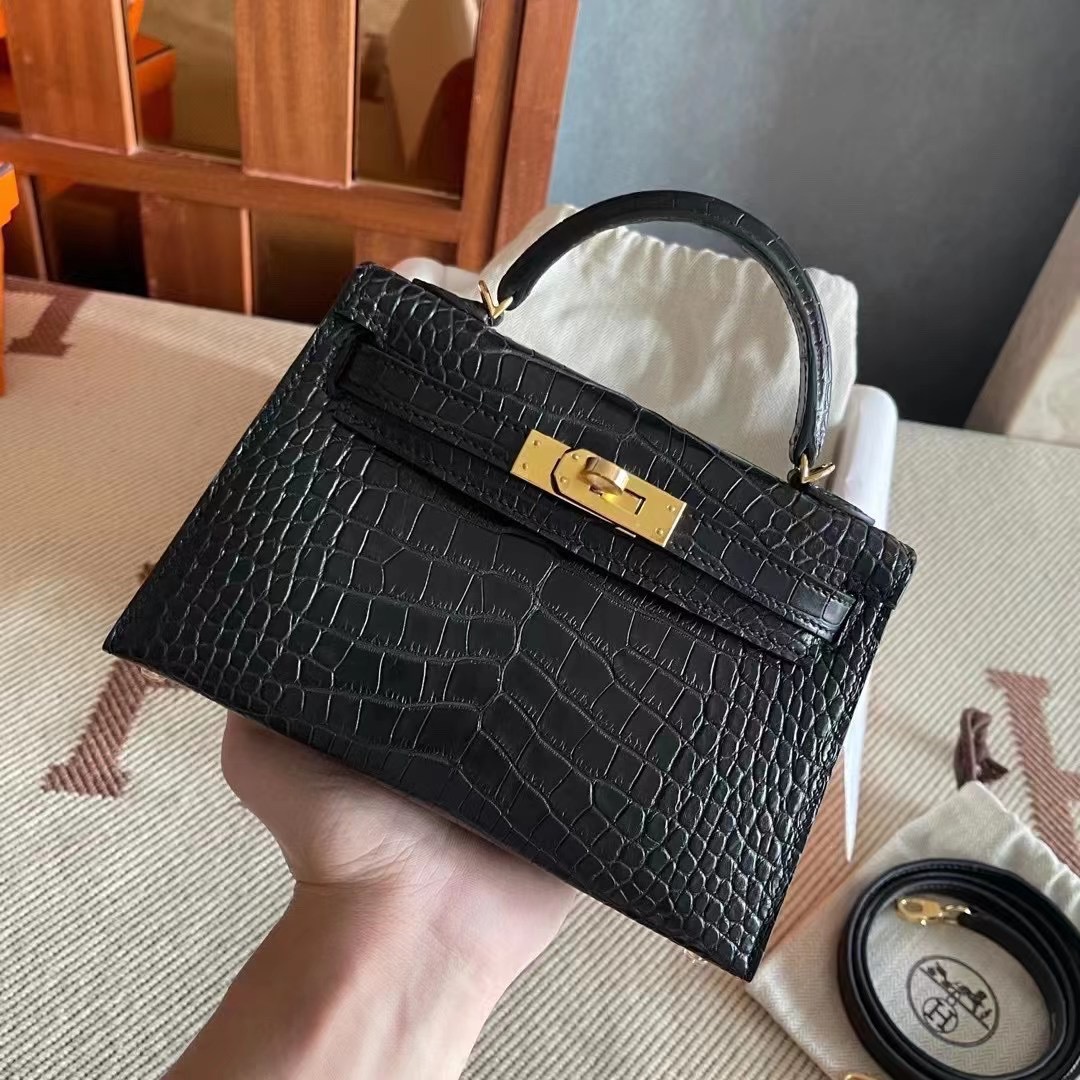 Canada HM Bags KL 2 Sellier Mini Crocodile Leather Matte C89 Noir