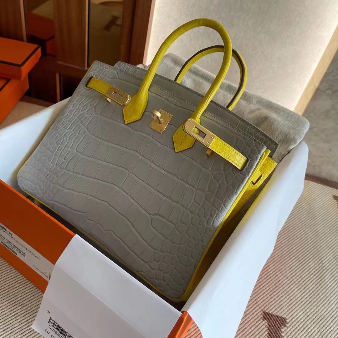United Arab Emirates HM BK 25cm Matte Alligator Crocodile CC80 Griss Pearl / M9 Mimosa 金盏花黄