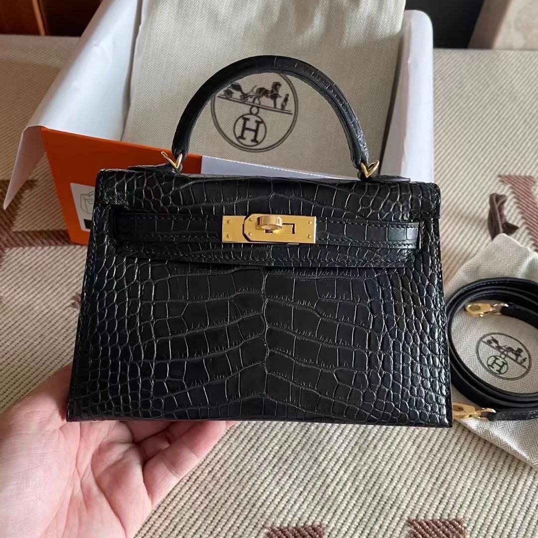 Canada HM Bags KL 2 Sellier Mini Crocodile Leather Matte C89 Noir