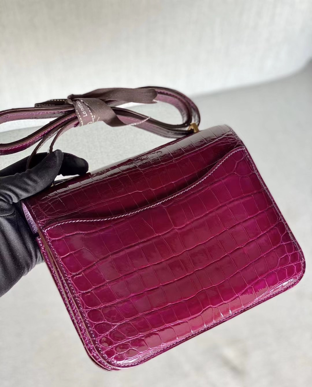 Hong Kong Factory HM Constance 18cm Shiny alligator crocodile L3 Rose Purple 玫瑰紫 金扣